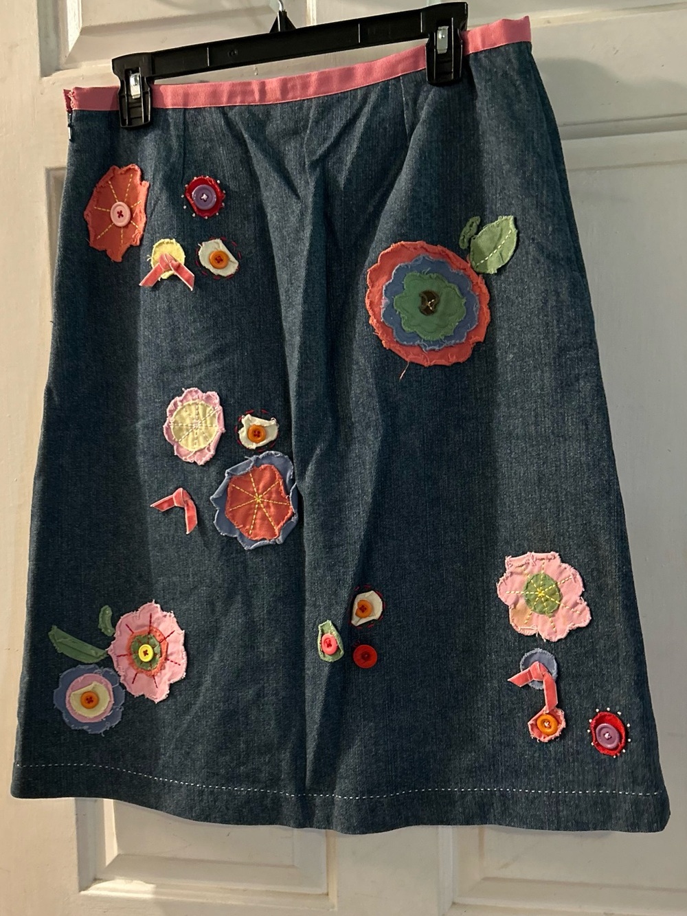 Boden  Dark Blue Denim A-Line Skirt with Floral Appliqué - Picture 2 of 2